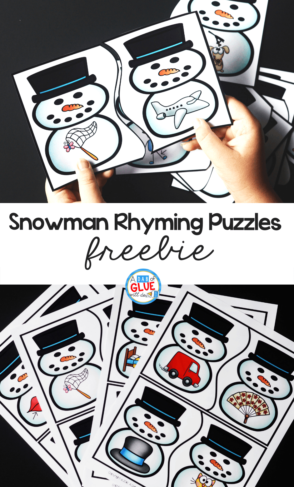 Snowman Rhyming Puzzles - A Dab Of Glue Will Do - Printable Rhyming Puzzles