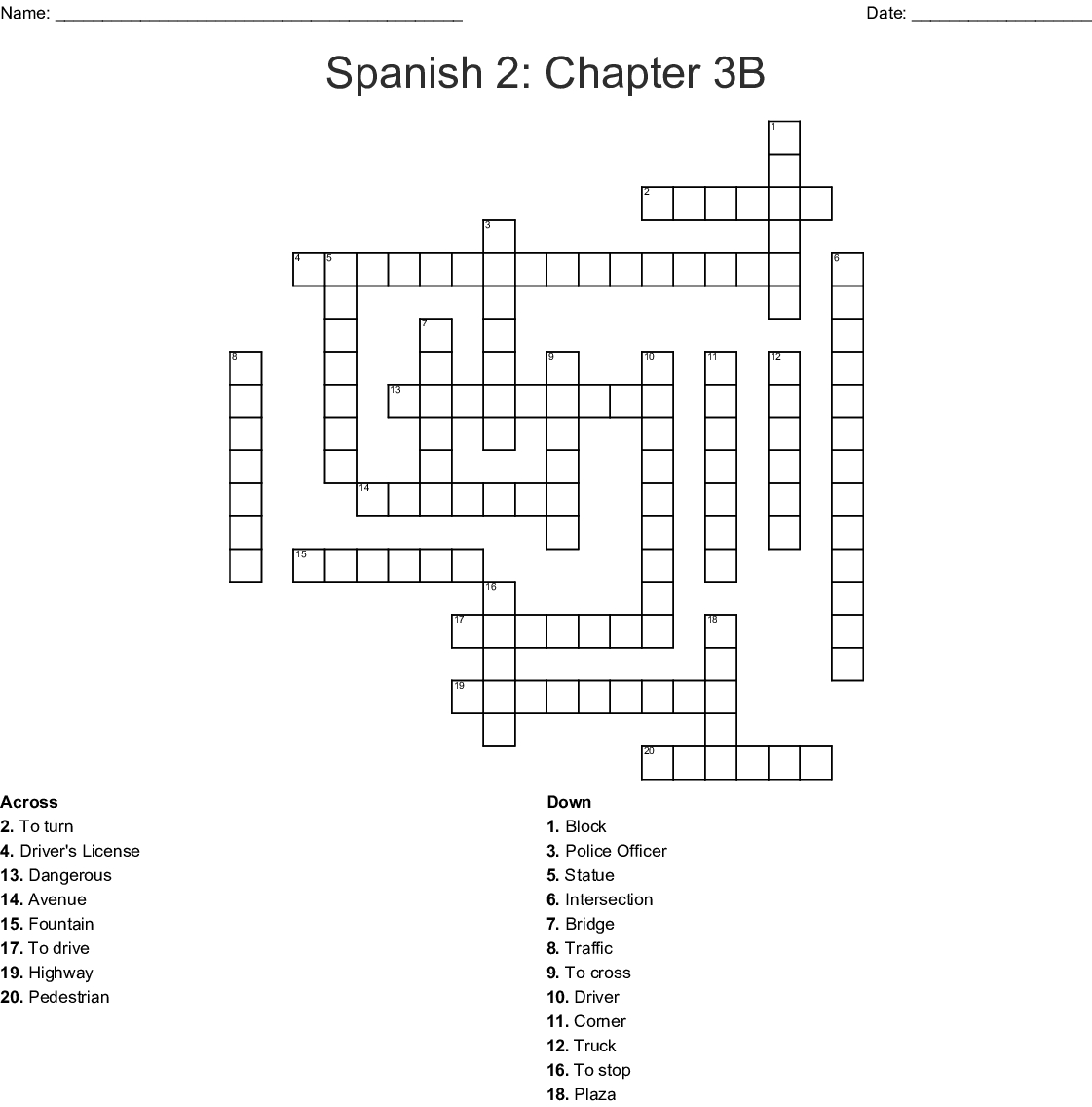 Spanish 2: Chapter 3B Crossword - Wordmint - Printable Spanish Crossword Puzzle Answers