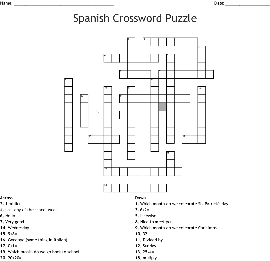 Printable Spanish Crossword Puzzle