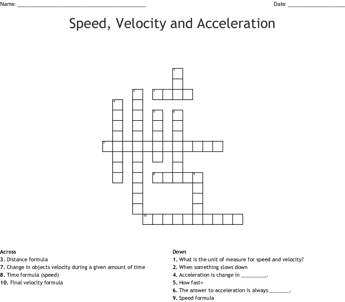 Speed, Velocity And Acceleration Crossword - Wordmint - Printable 2 Speed Crossword