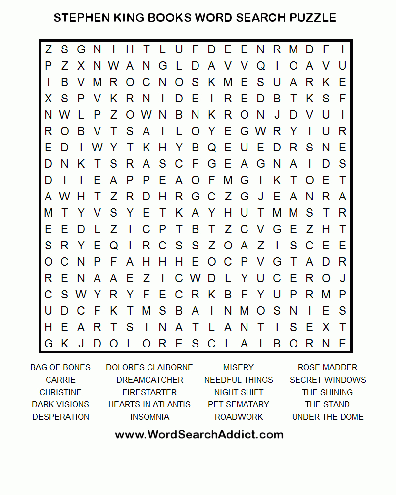 Stephen King Books Word Search Puzzle | Teen Programming | Word - Printable Crossword Puzzles About Books