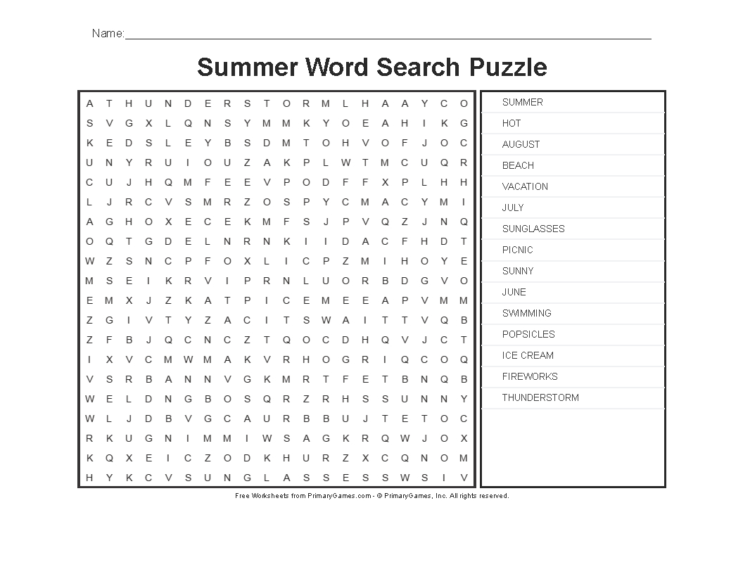 Summer Worksheets: Summer Word Search Puzzle - Primarygames - Play - Printable Crossword Puzzles Summer
