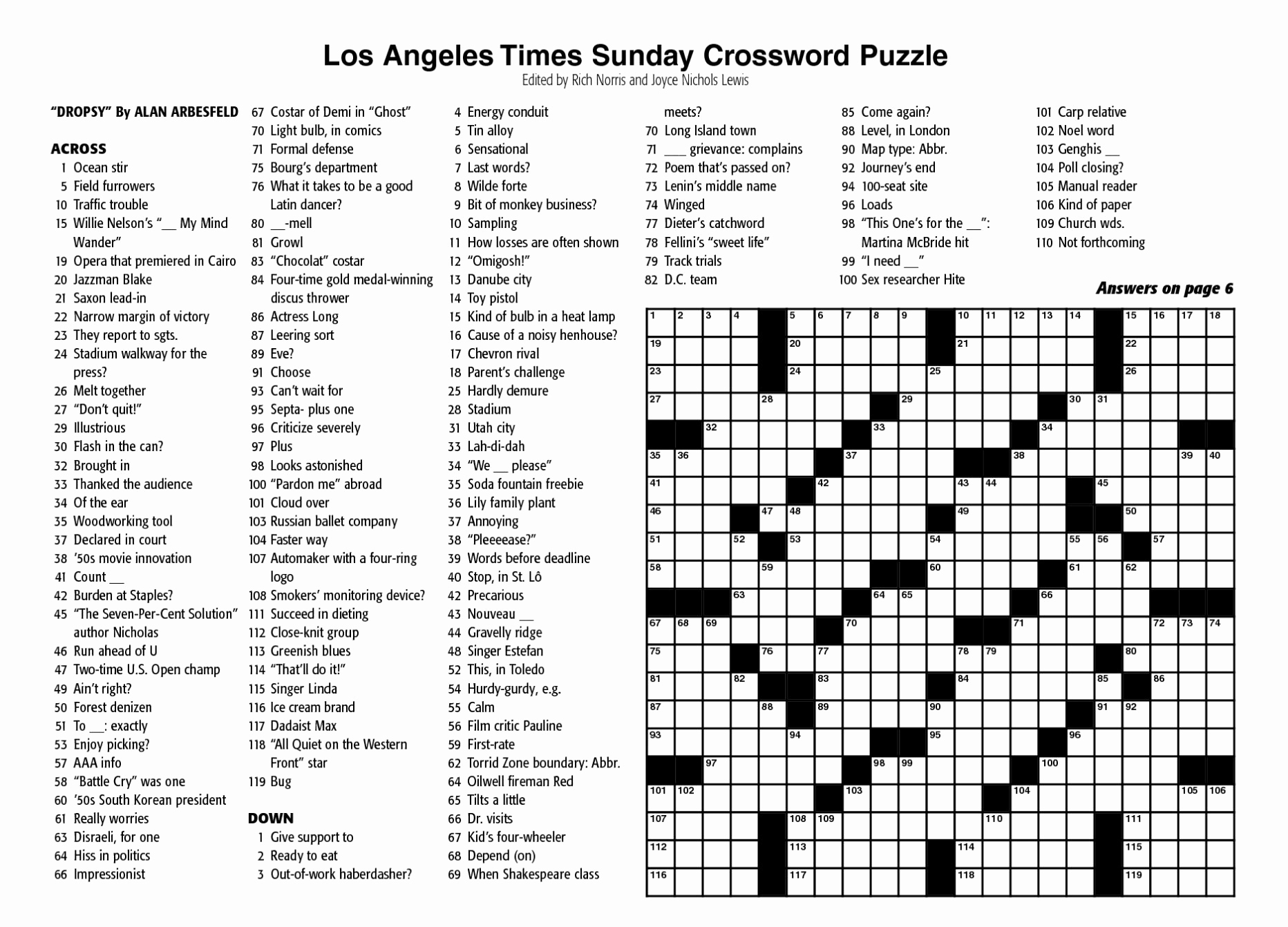 Sunday Crossword Puzzle Printable Ny Times Syndicated Answers - Free - La Times Crossword Puzzle Printable Version