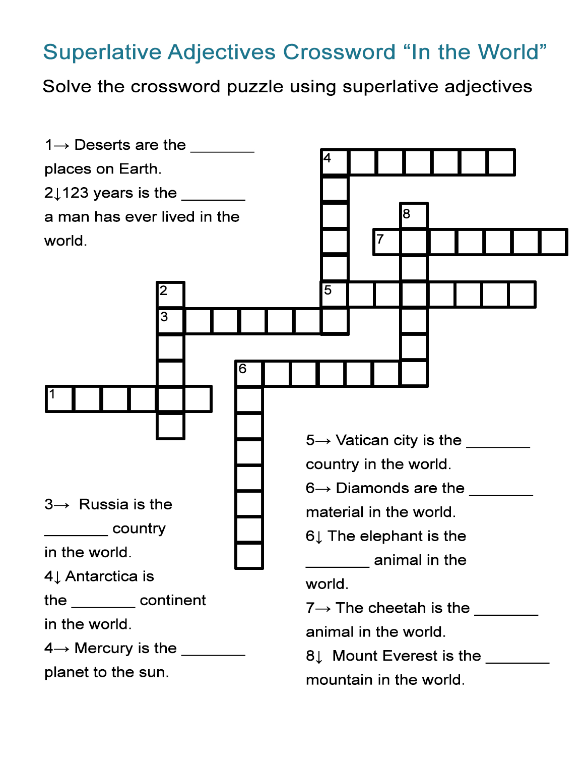 Superlative Adjectives Worksheet - &amp;quot;in The World&amp;quot; Crossword Puzzle - Adjectives Crossword Puzzle Printable