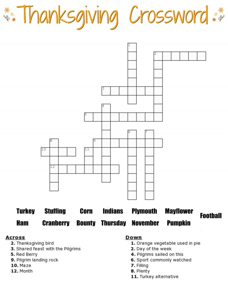 Thanksgiving Crossword Puzzle Printable With Word Bank - Printable Crossword Puzzles For Kids With Word Bank