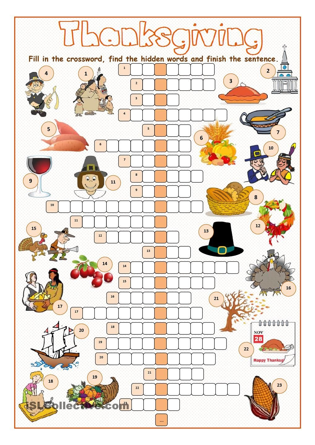 Thanksgiving Crossword Puzzle … | Puzzles | Thank… - Printable Thanksgiving Crossword Puzzles For Middle School