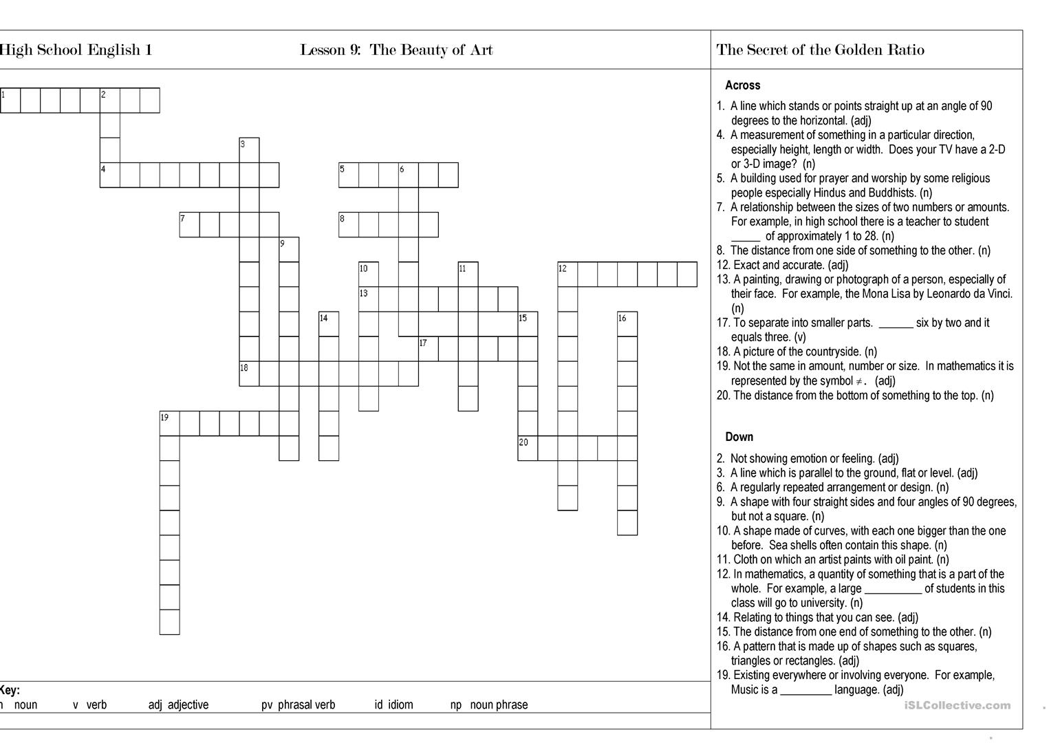 The Beauty Of Art Crossword Puzzle Worksheet - Free Esl Printable - High School English Crossword Puzzles Printable