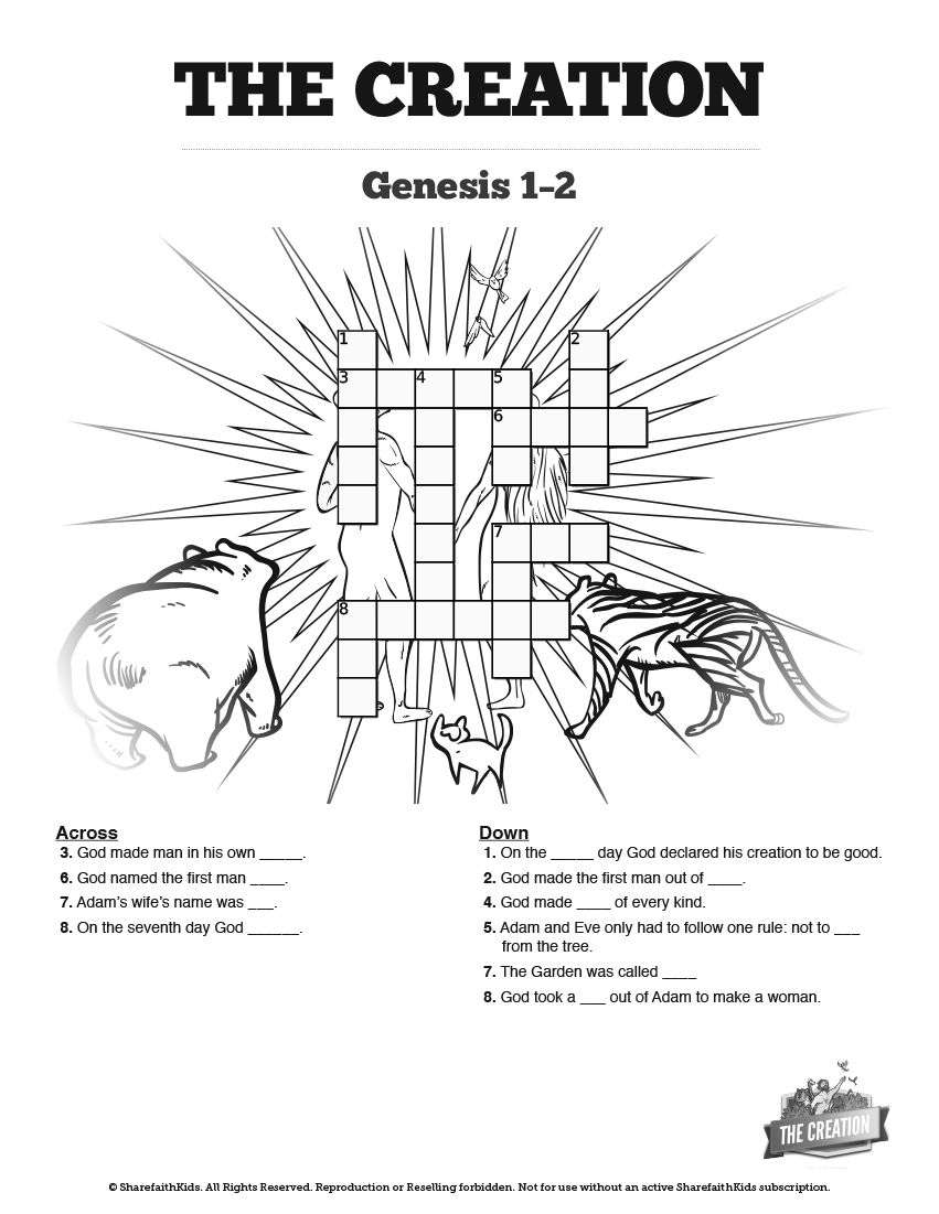 The Creation Story Sunday School Crossword Puzzle: Search For Clues - Printable Bible Crossword Puzzles With Scripture References