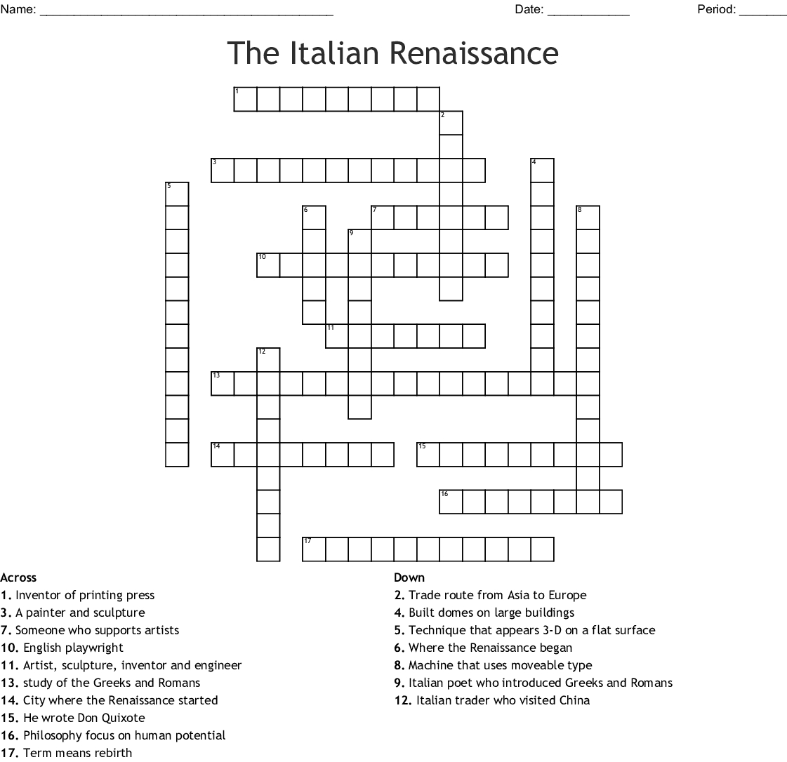 Renaissance Crossword Puzzle Printable Printable Crossword Puzzles