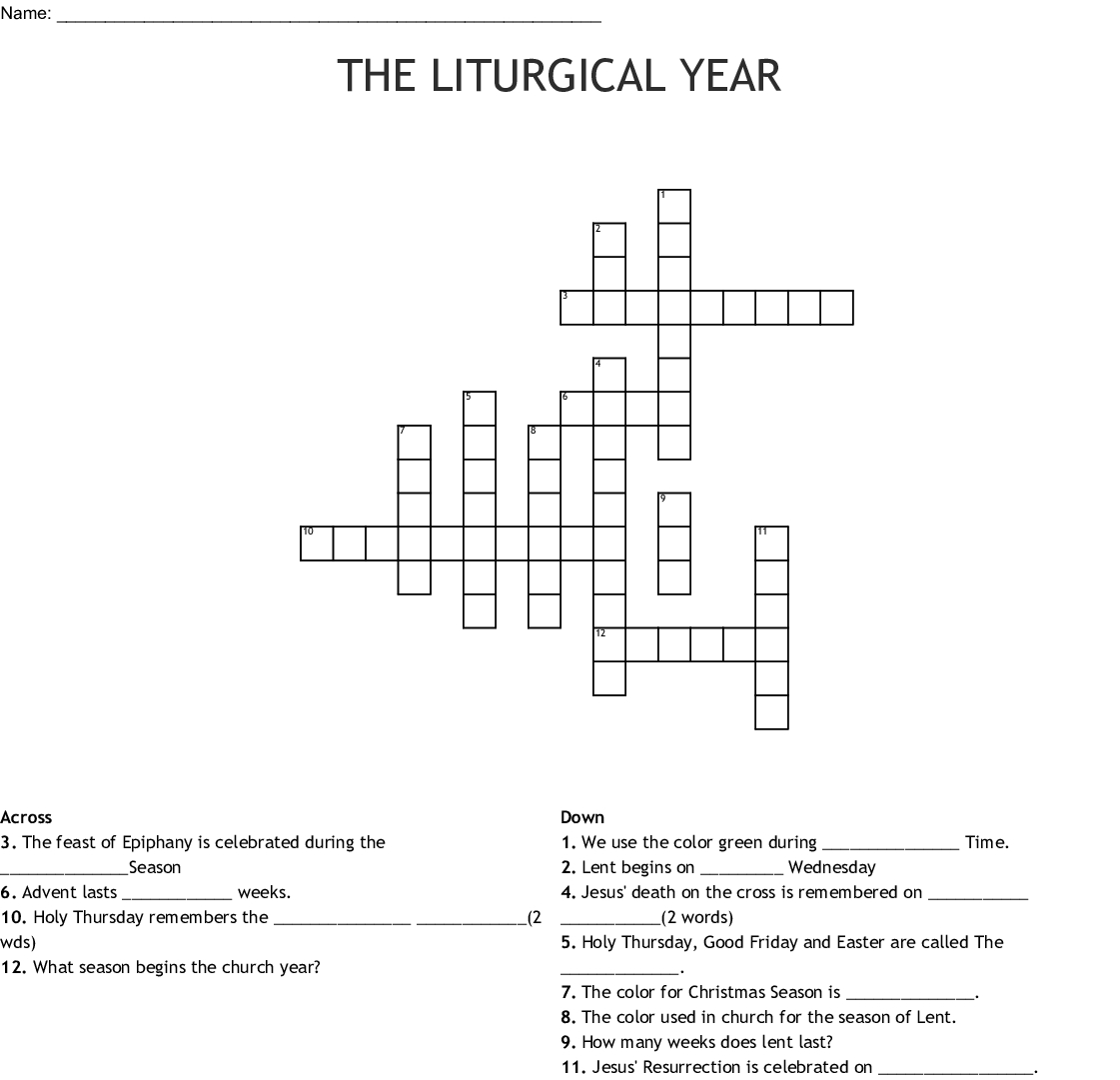The Liturgical Year Crossword - Wordmint - Printable Epiphany Crossword Puzzle