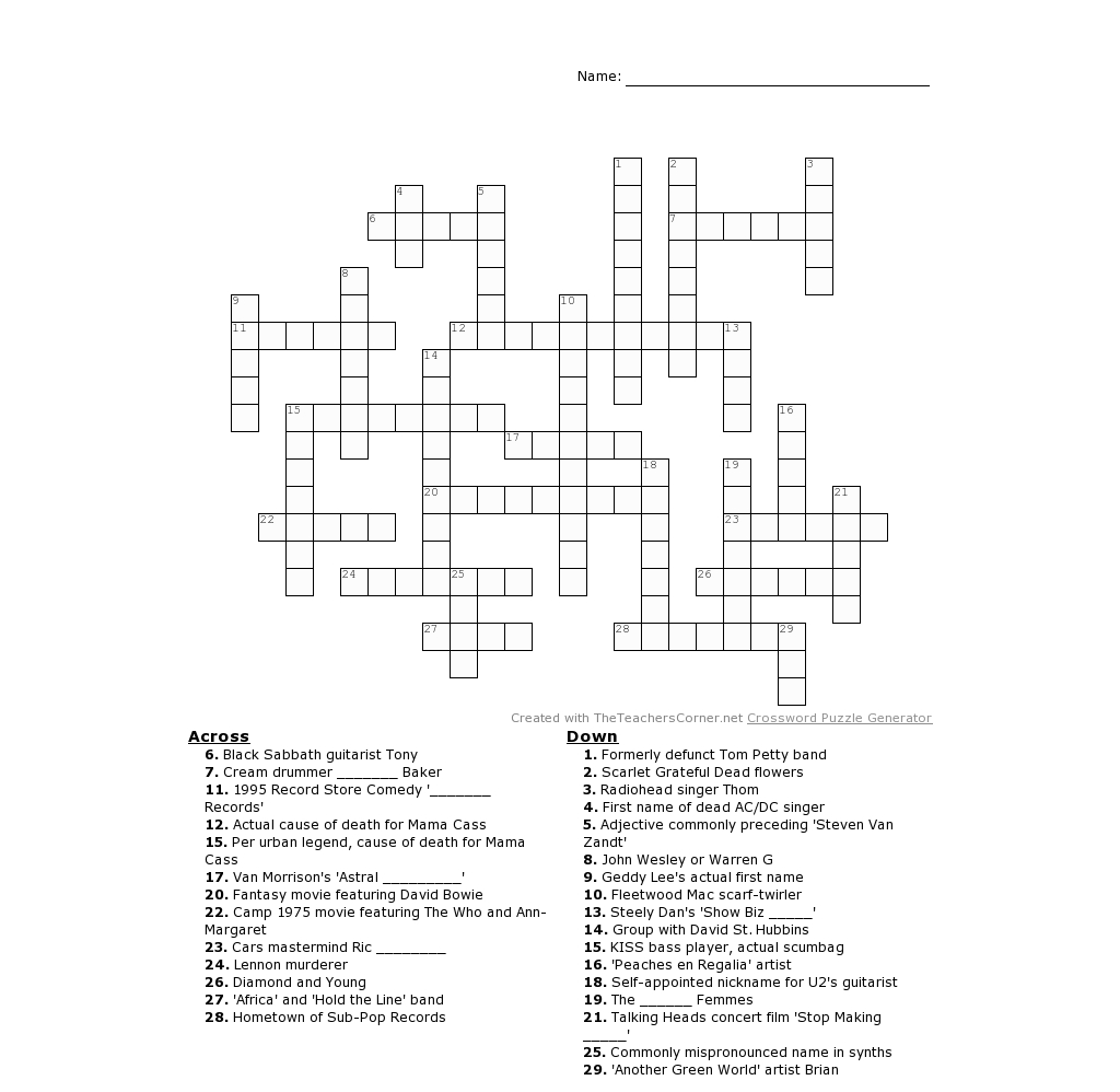 The Medium-Sized Rock And Roll Crossword! | Rocknuts - Printable Rock And Roll Crossword Puzzles