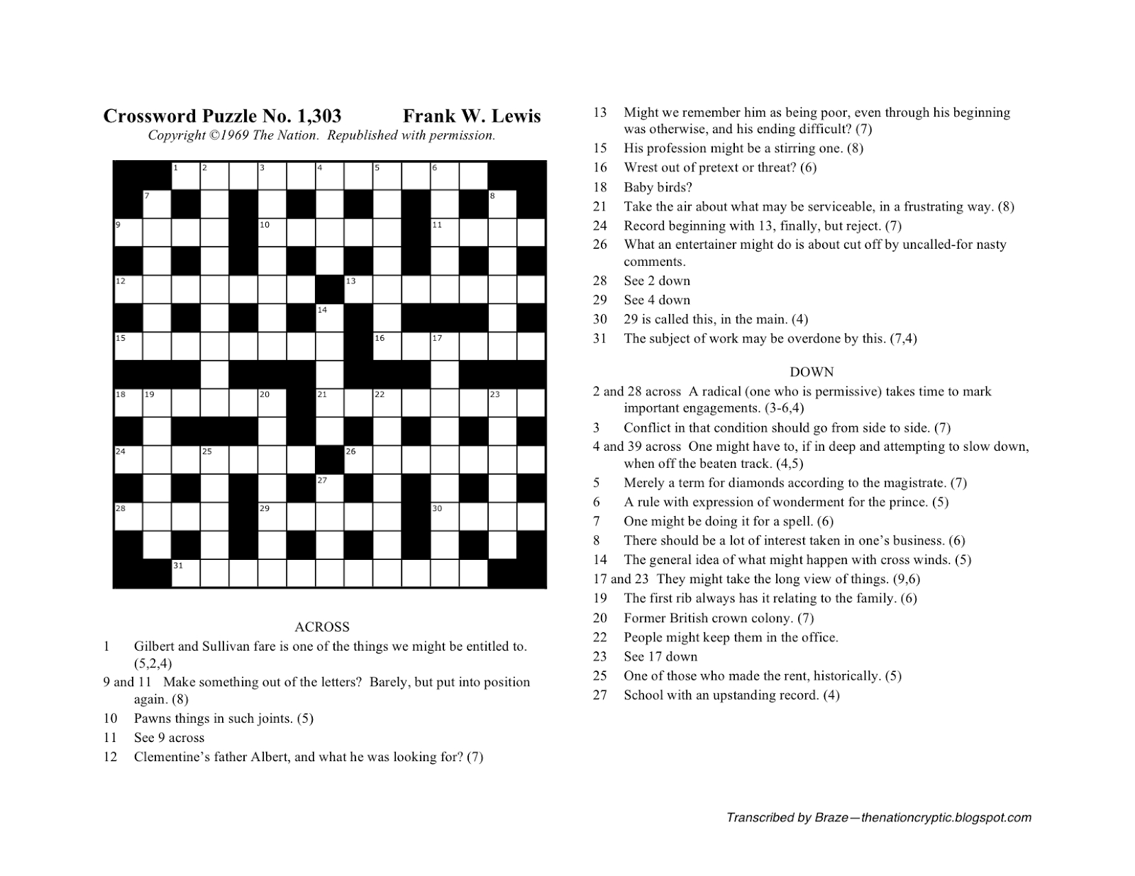 The Nation Cryptic Crossword Forum: Microfilm (Puzzle No. 1,303) - Printable Wall Street Journal Crossword Puzzle