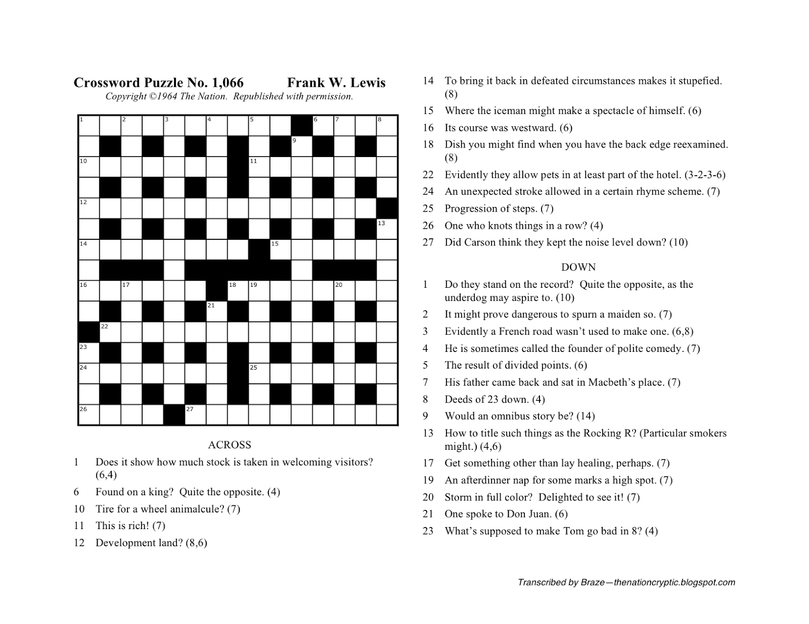 The Nation Cryptic Crossword Forum: Nat Hentoff (Puzzle No. 1,066) - Printable Diagramless Crossword Puzzles