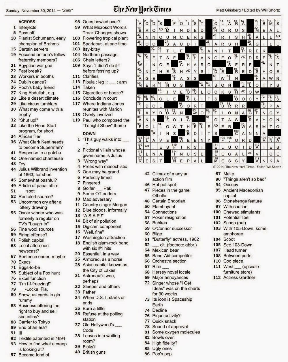 The New York Times Crossword In Gothic: 11.30.14 — Zap! - Printable Crossword Puzzles Will Shortz