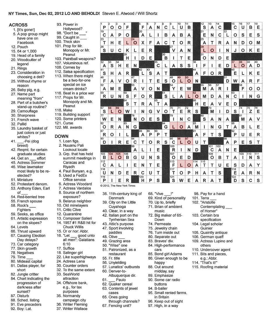 The New York Times Crossword In Gothic: 12.02.12 — Lo And Behold - Will Shortz Crossword Puzzles Printable