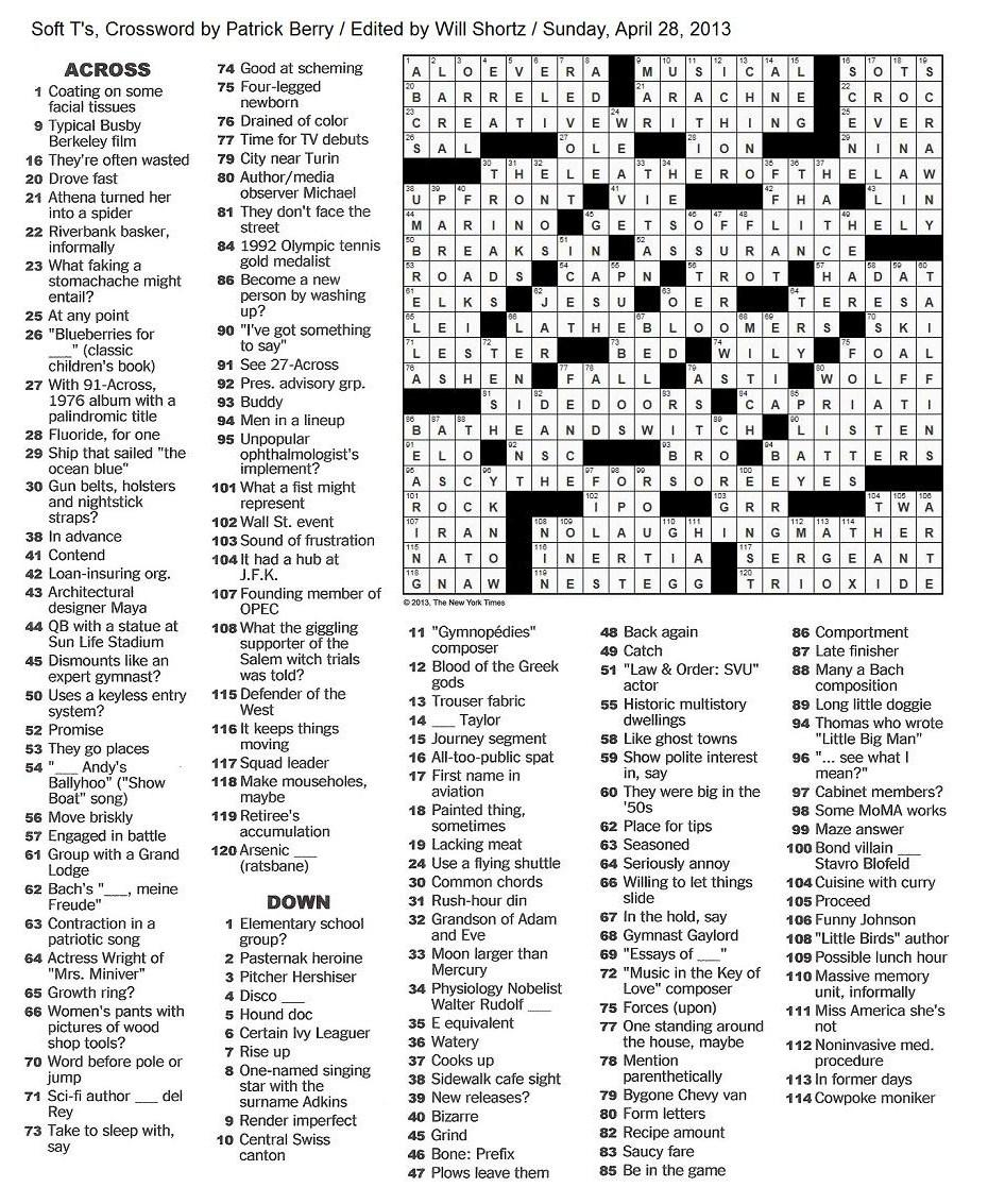 The New York Times Crossword In Gothic: April 2013 - La Times Crossword Puzzle Printable Version