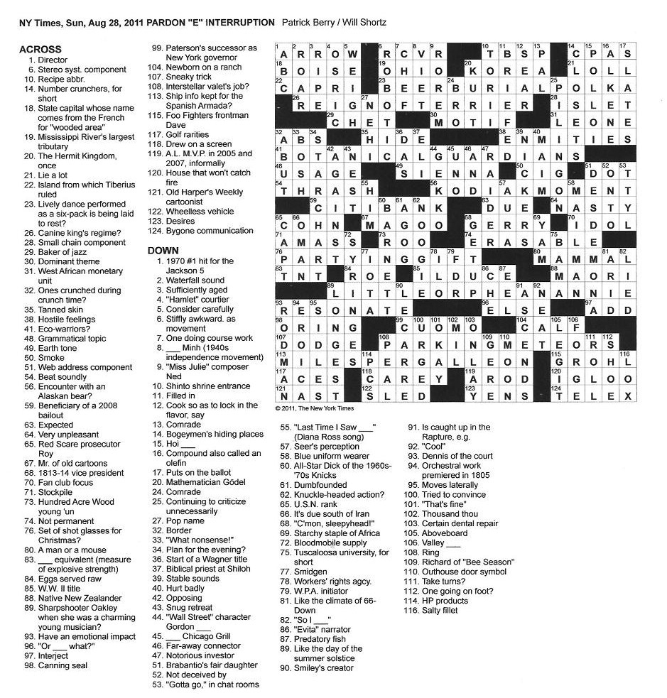 The New York Times Crossword In Gothic: August 2011 - Printable Crossword Puzzles 2011