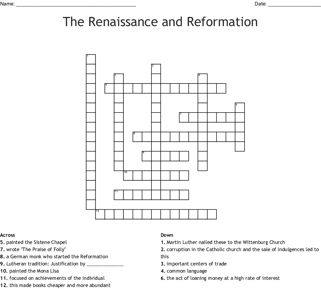 The Renaissance And Reformation Crossword Wordmint Renaissance