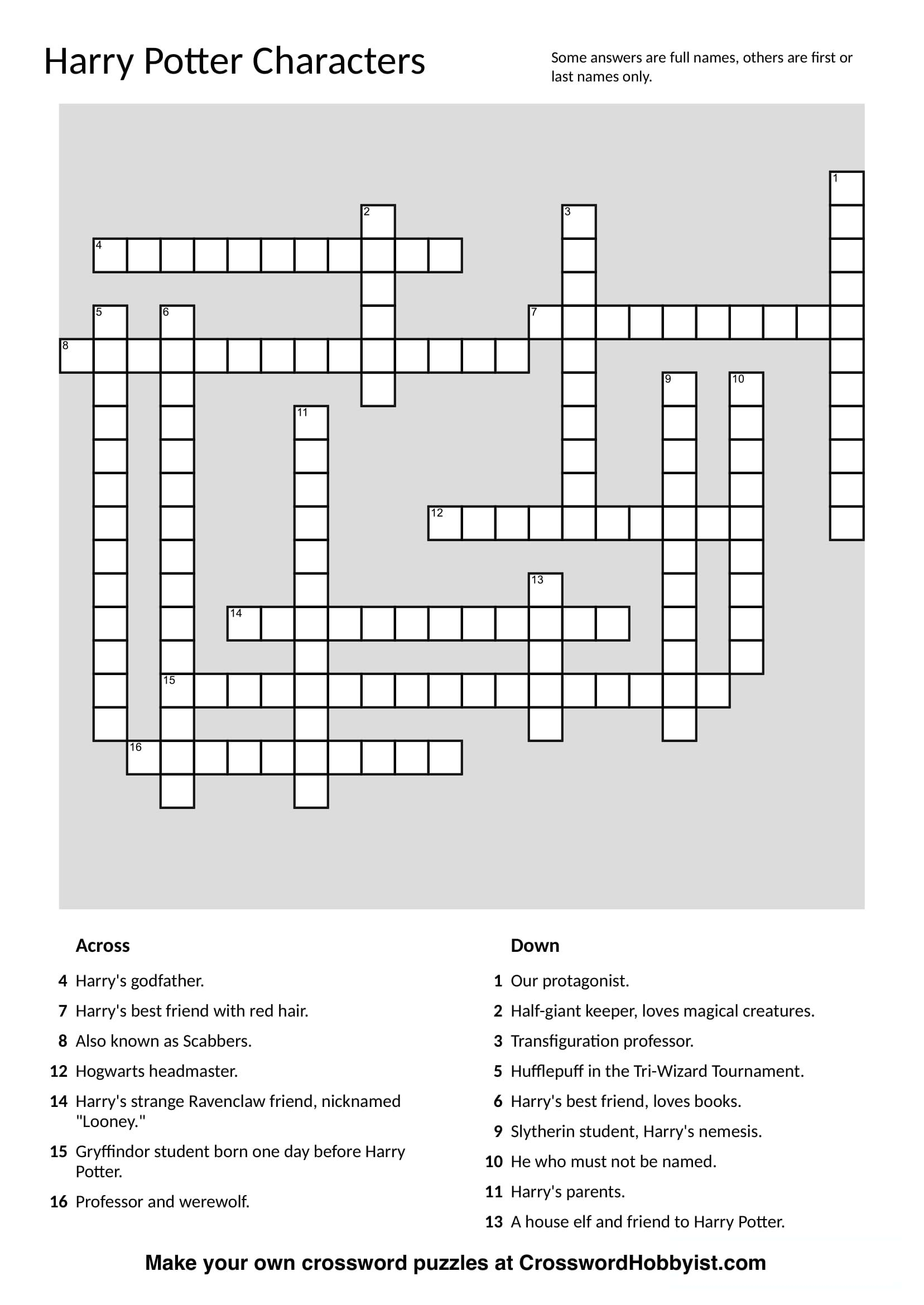 This Harry Potter Characters Crossword Puzzle Was Made At - Create Own Crossword Puzzles Printable