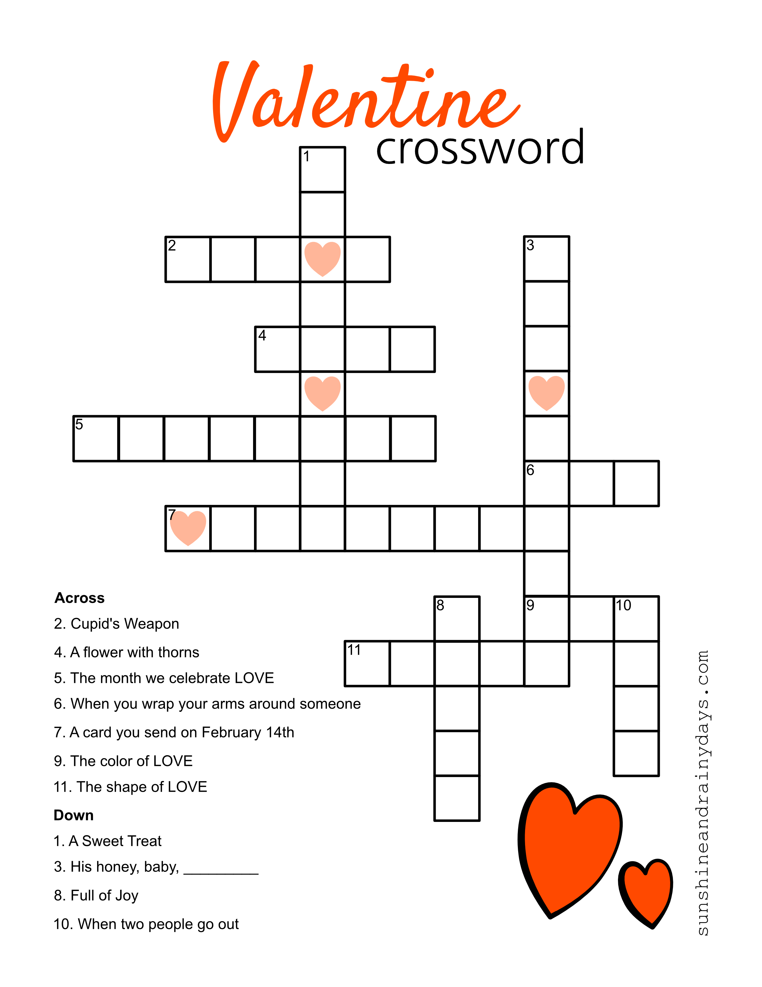 Valentine Crossword Puzzle - Sunshine And Rainy Days - Printable Valentines Crossword