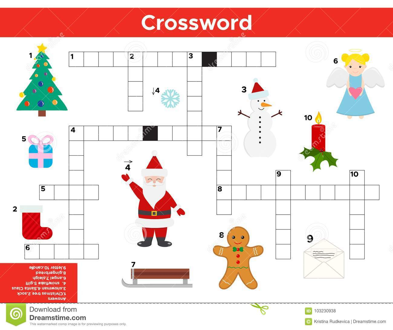 Vector Christmas, New Year Crossword In English. Stock Vector - New Year Crossword Puzzle Printable