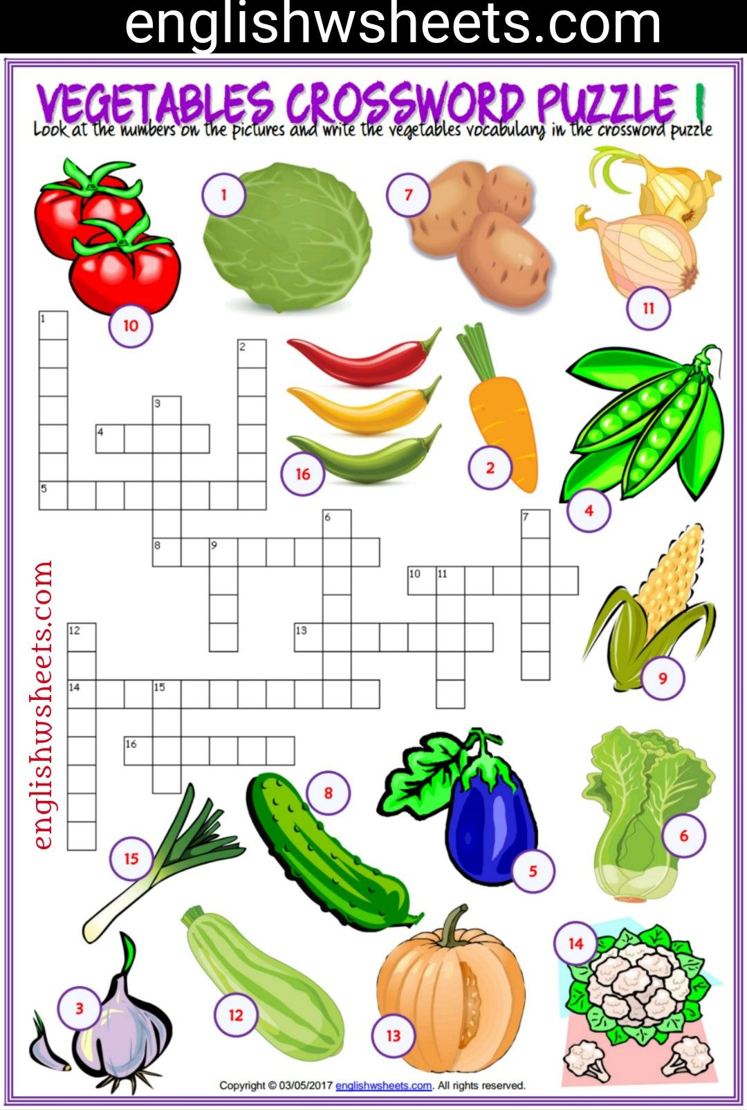 Vegetables Esl Printable Crossword Puzzle Worksheets For Kids - Printable Crossword Esl