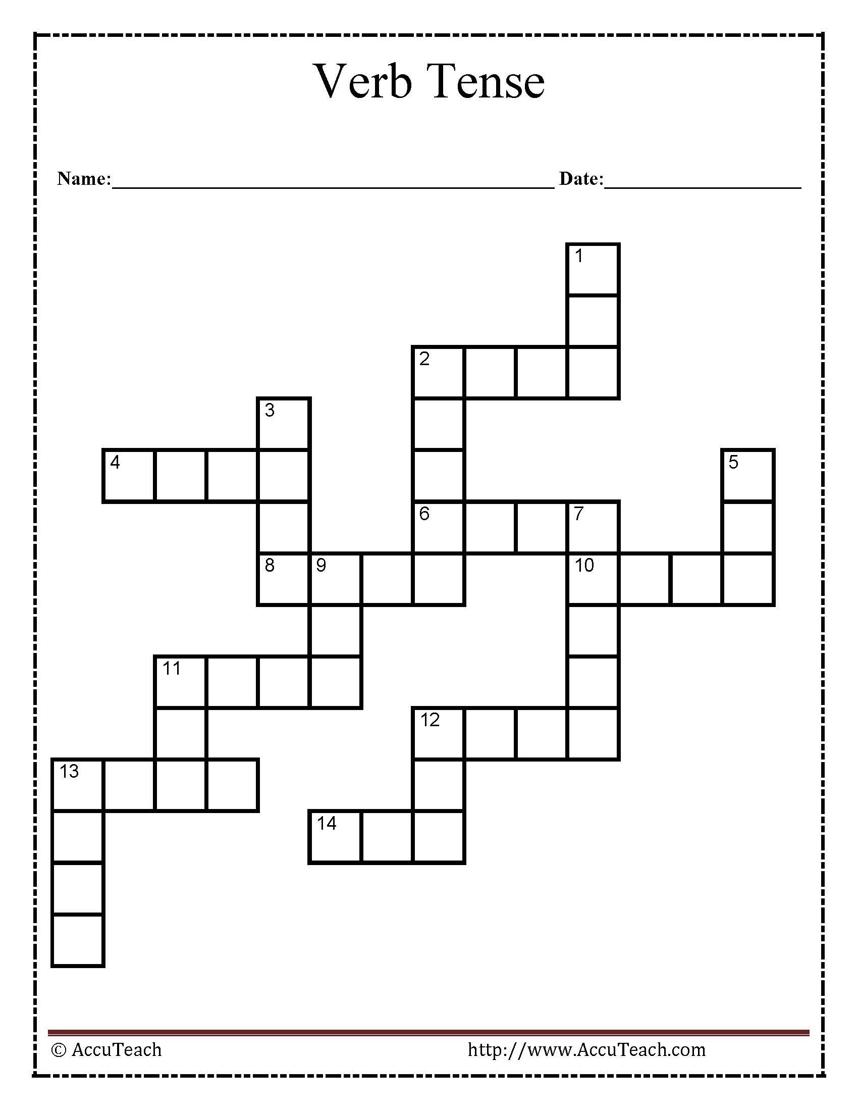 Verb Tense Crossword Puzzle Worksheet - Free Printable Crossword Puzzles For 7Th Graders