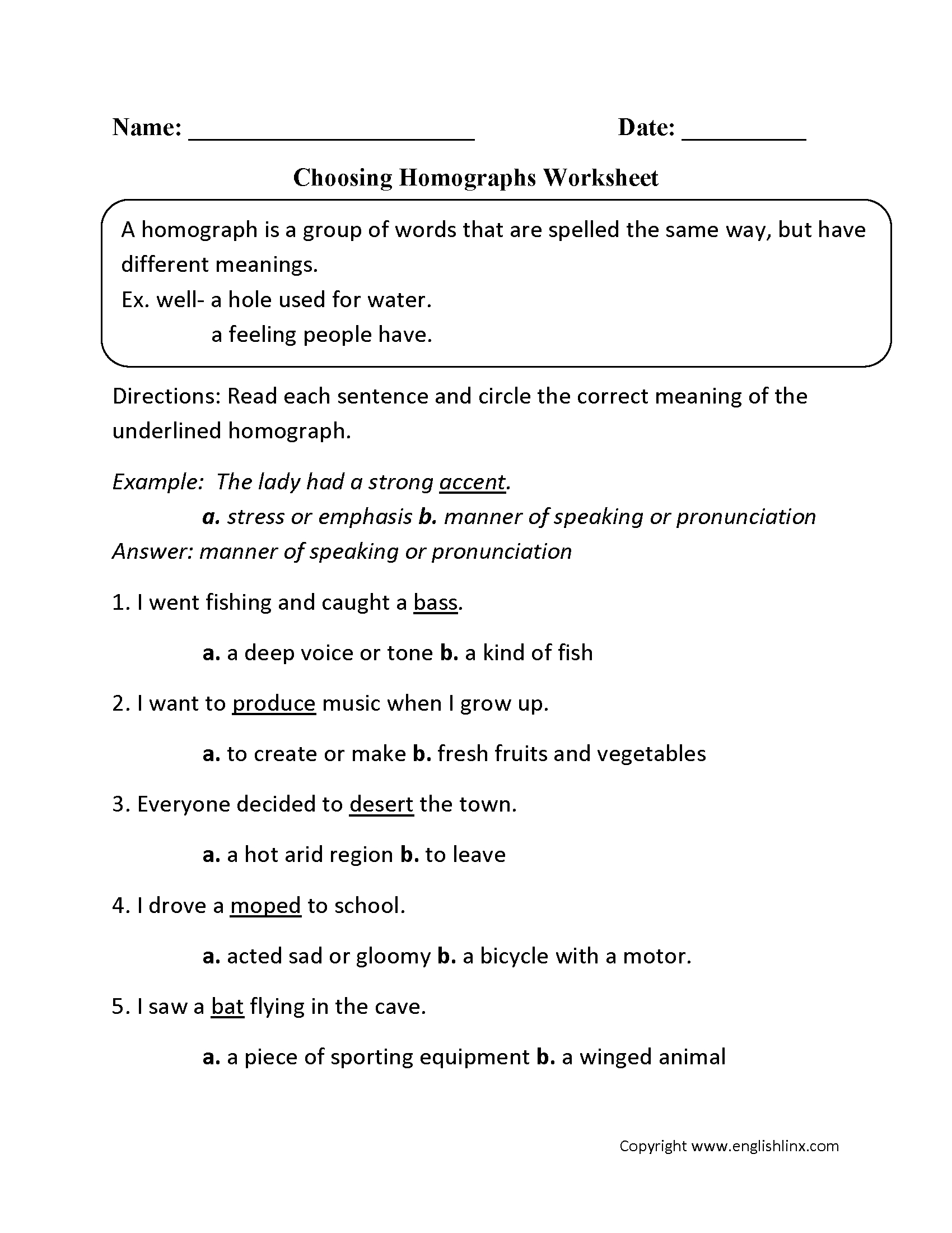 Vocabulary Worksheets | Homograph Worksheets - Printable Homograph Puzzles