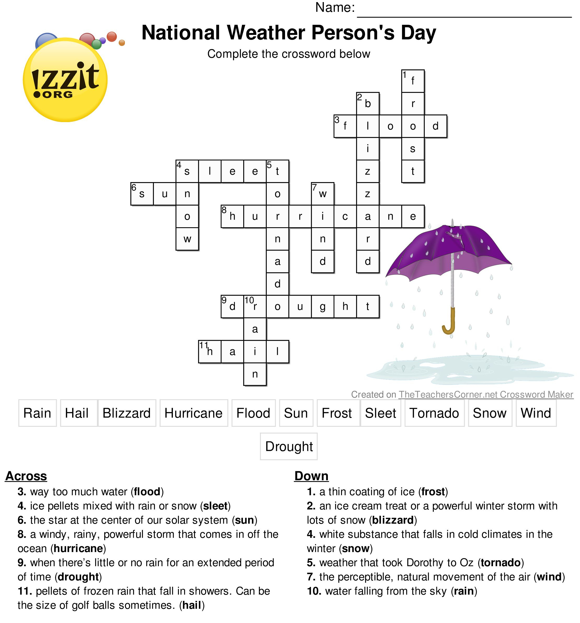 Weather Crossword Puzzle Answer Key - Printable Weather Crossword Puzzle
