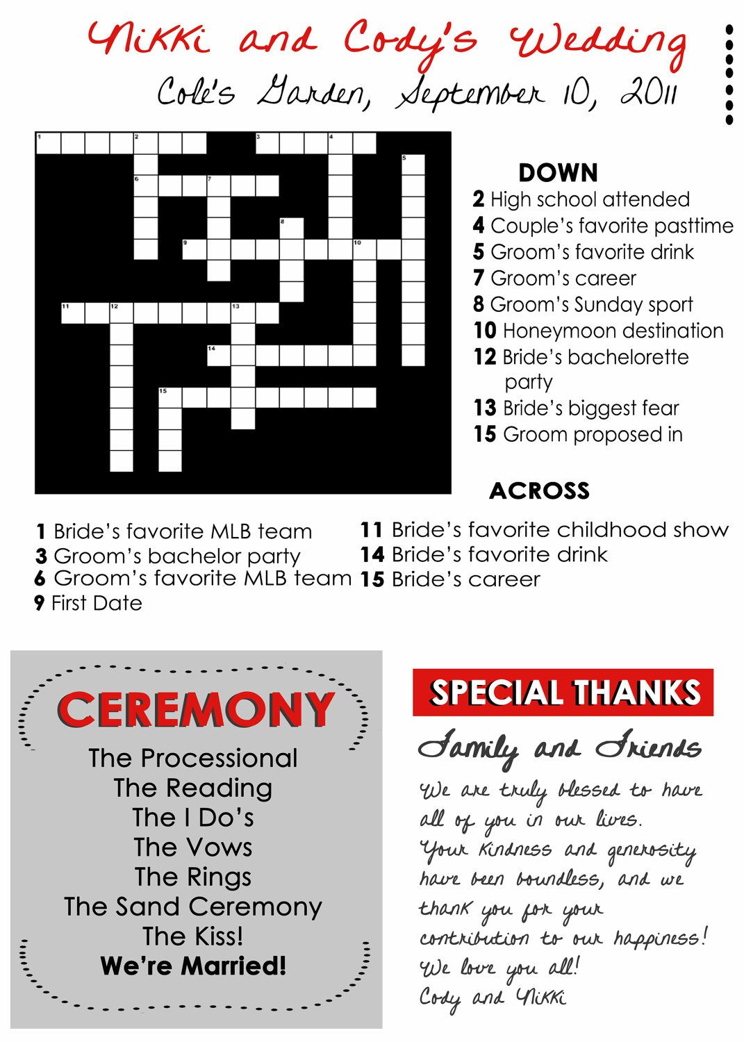 Wedding Program Fans Custom Crossword Puzzletwpweddings, $1.00 - Printable Naruto Crossword Puzzles