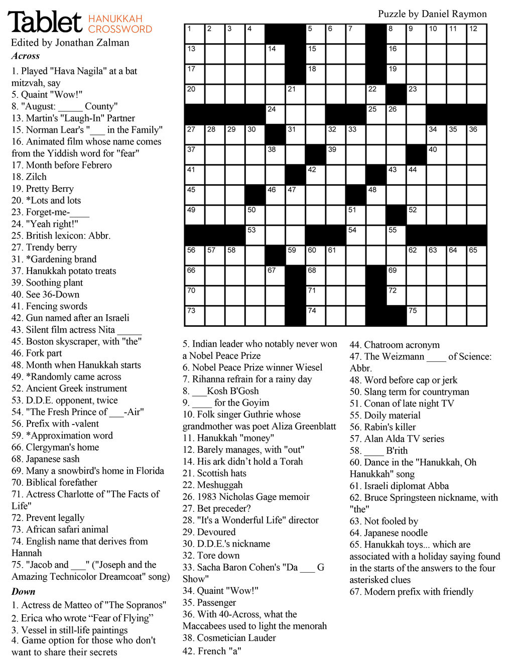 Wind Down With Our Hanukkah Crossword Puzzle! – Tablet Magazine - Printable Christmas Crossword Puzzle For Adults