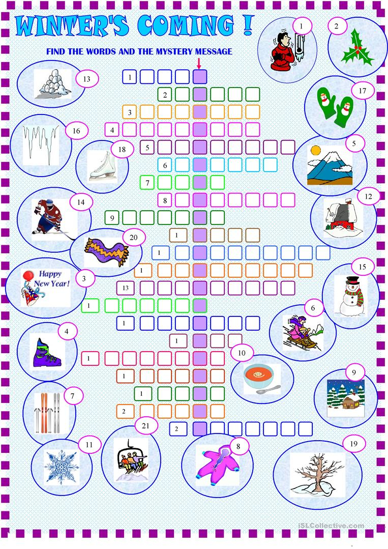 Winter : Crossword Puzzle With Key Worksheet - Free Esl Printable - Printable Crossword Puzzles Winter
