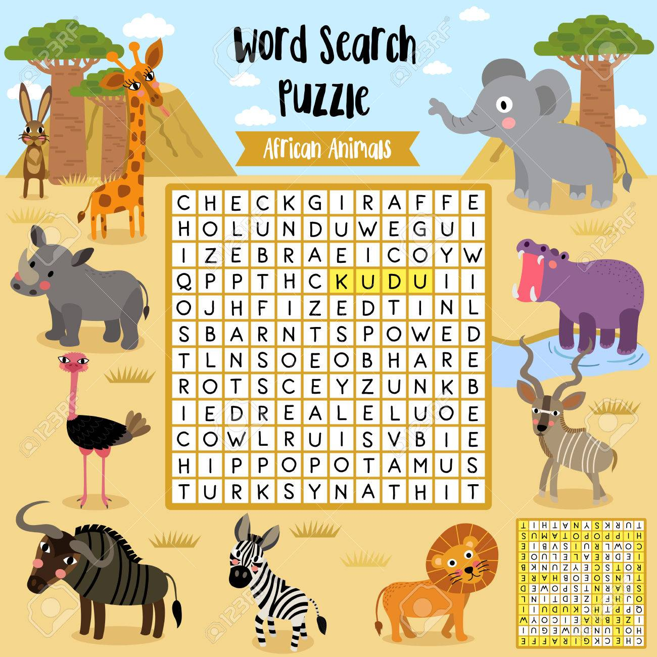 Words Search Puzzle Game Of African Animals For Preschool Kids - Printable Animal Puzzle