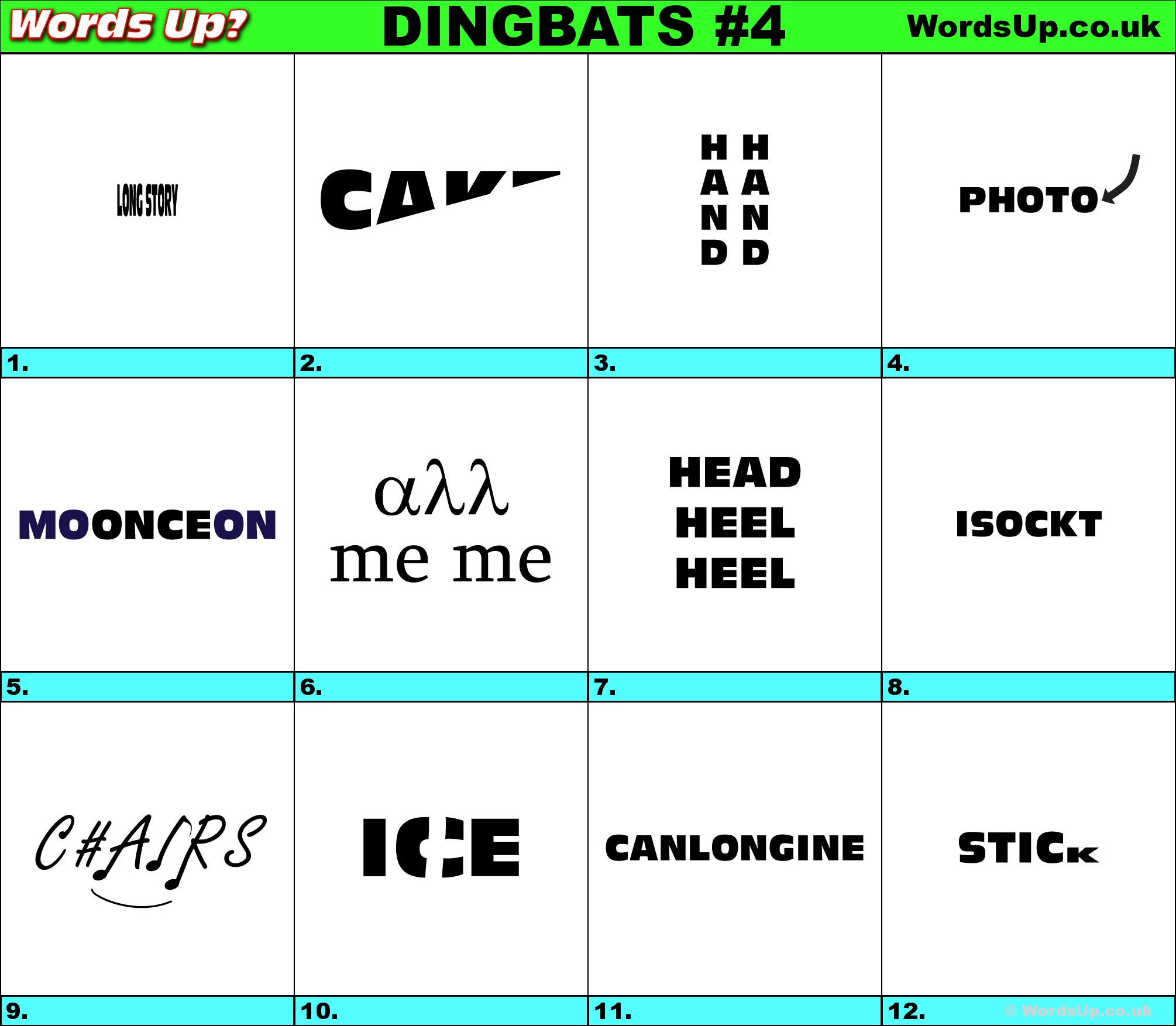 Words Up? Dingbat Puzzles - Printable Pictogram Puzzles