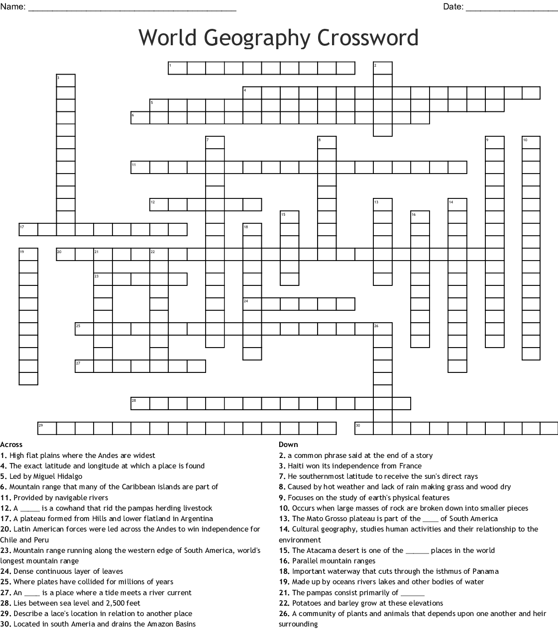 Printable Geography Crossword Printable Crossword Puzzles Printable Geography Crossword