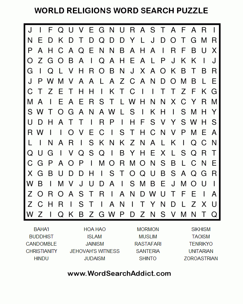 World Religions Printable Word Search Puzzle - Printable Puzzle Books