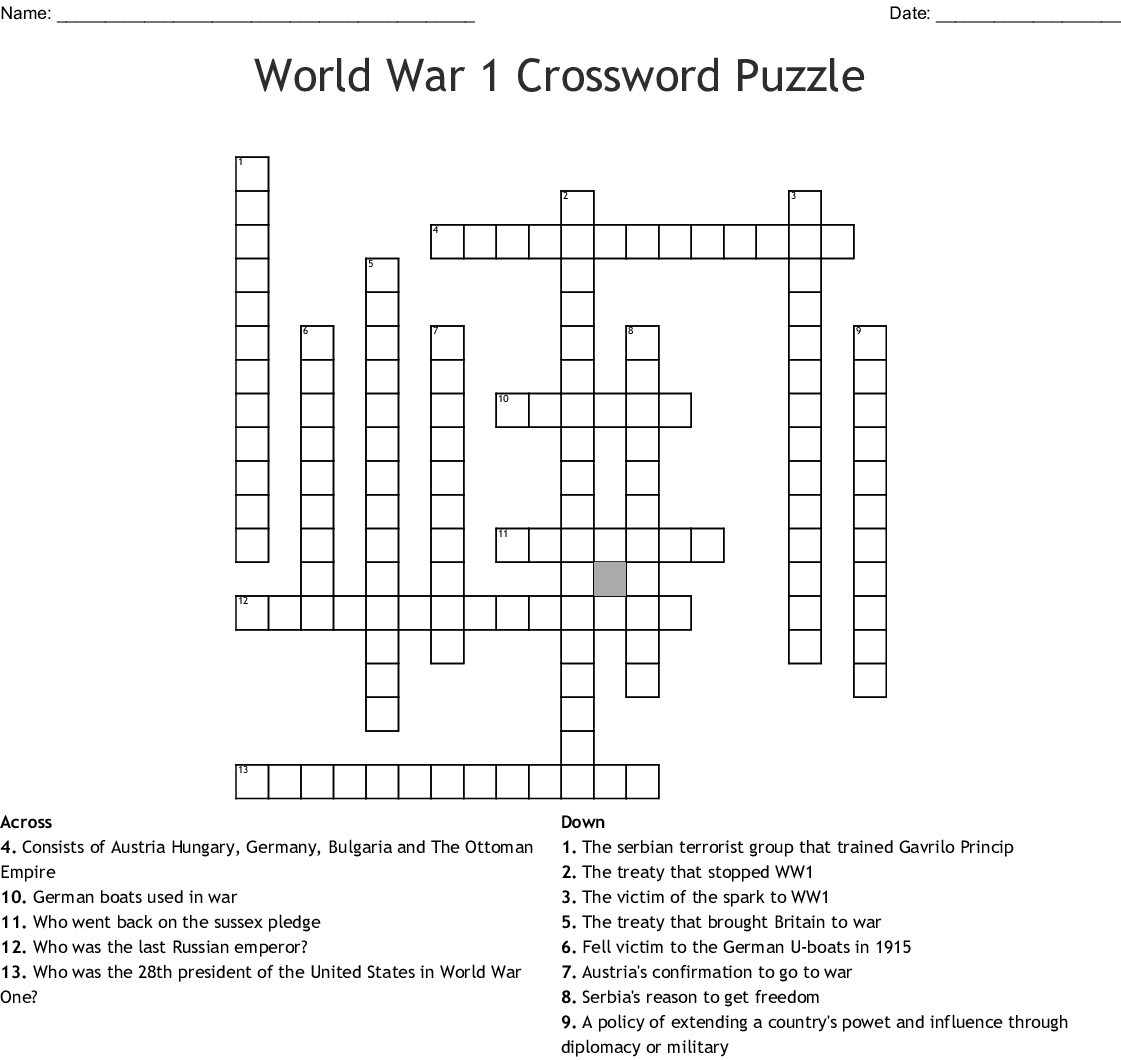 Wwi Crossword Puzzle Printable Printable Crossword Puzzles