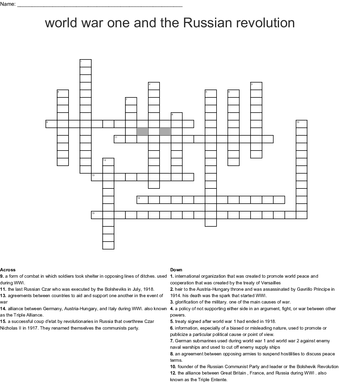 World War One And The Russian Revolution Crossword - Wordmint - Wwi Crossword Puzzle Printable