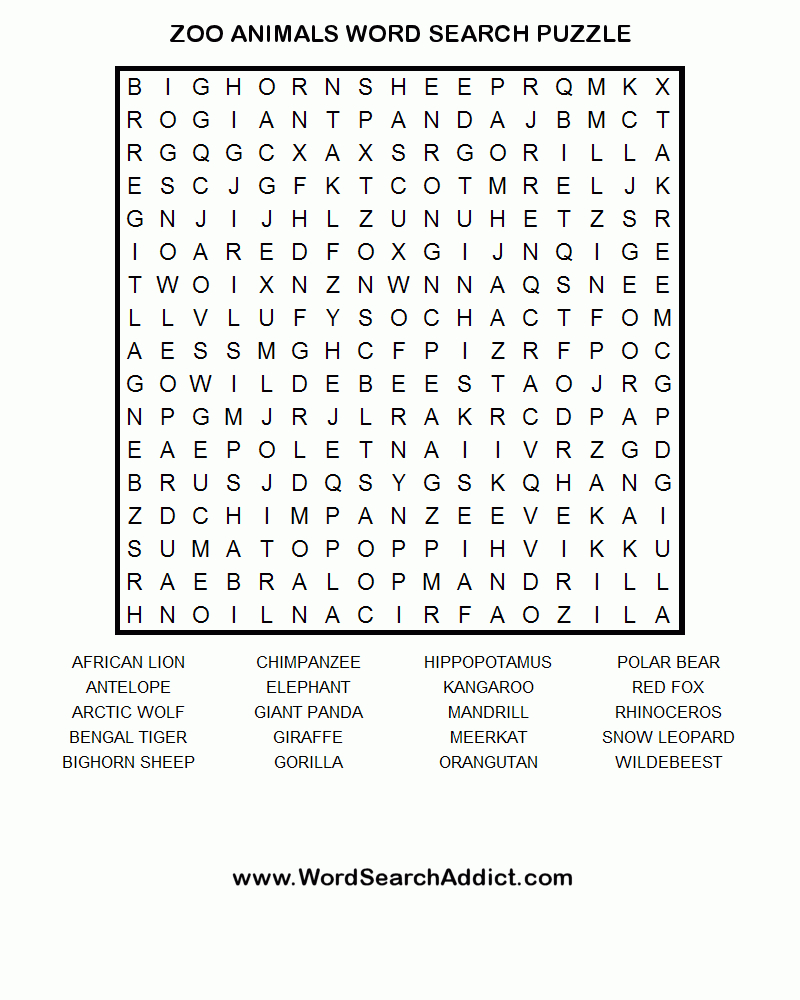 Zoo Animals Word Search Puzzle | Zoo Day Games | Word Puzzles - Animal Crossword Puzzle Printable