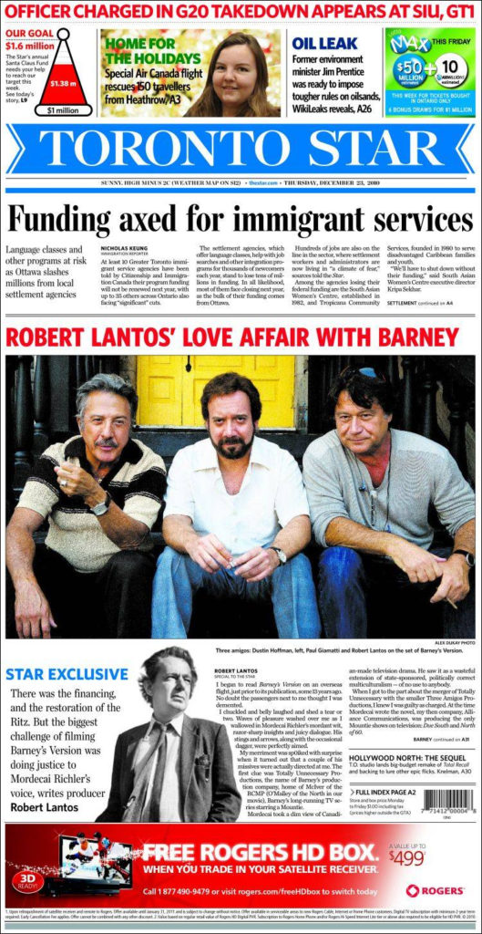 Newspaper Front Page Toronto Star
