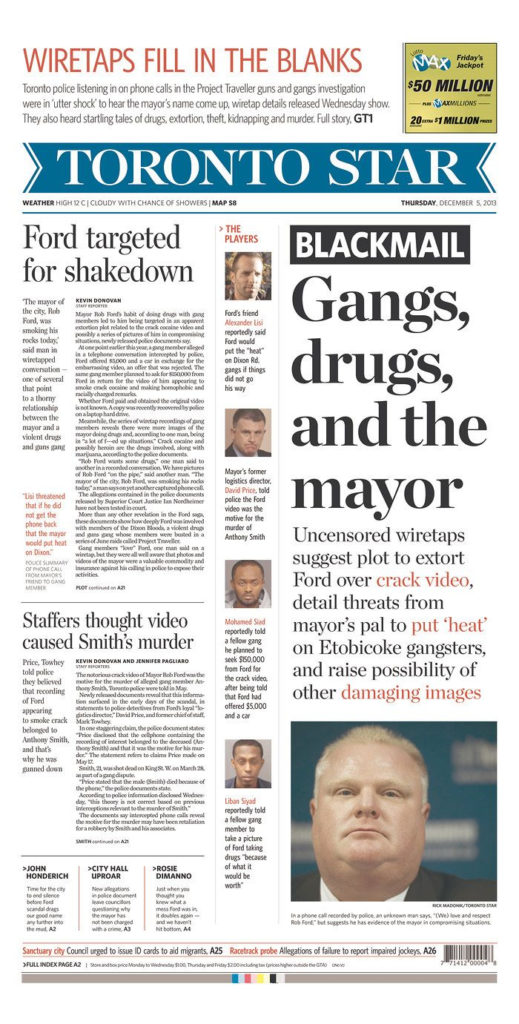 Toronto Mayor Rob Ford Toronto Star Newspaper Front Page 